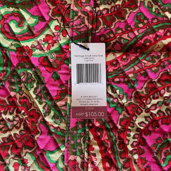 NWT Vera Bradley Small Tote in Capri Pink Paisley Cotton - Picture 10 of 11